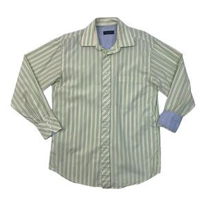 Ted Baker Dress Shirt Mens 15 Green Striped Flip Cuff Cotton Button Up Collared